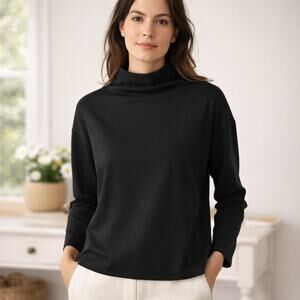 Eileen Fisher SZ XS Stretch Jersey Knit Mock Neck Top In Black